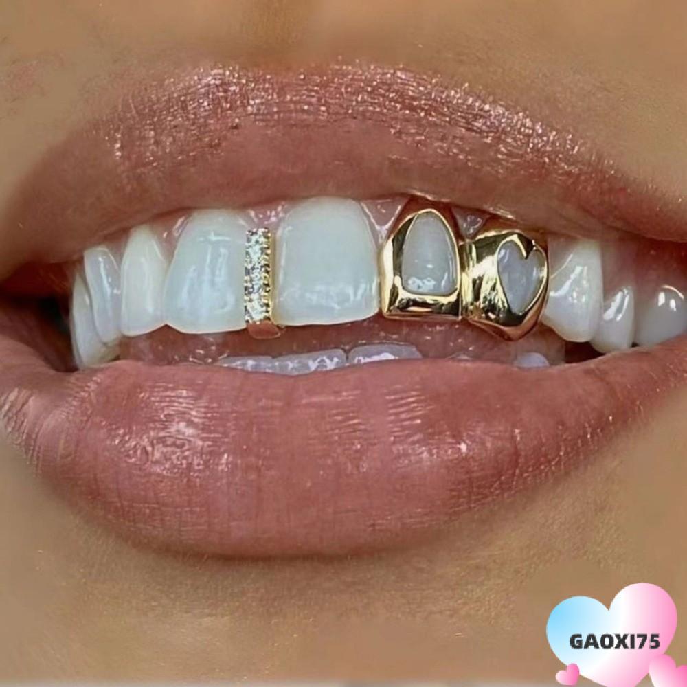 GAOXI75 Grillz, ทองแดงทองสี Hip Hop ฟัน Grillz, Shiny Hollow Heart Double Heart ฟันหมวกผู้หญิง