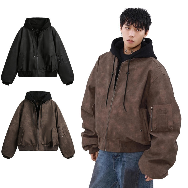 แจ็คเก็ตผ้าฝ้ายหนังเทียมสีน้ำตาล ทรงหลวม สไตล์อเมริกัน สำหรับผู้ชาย