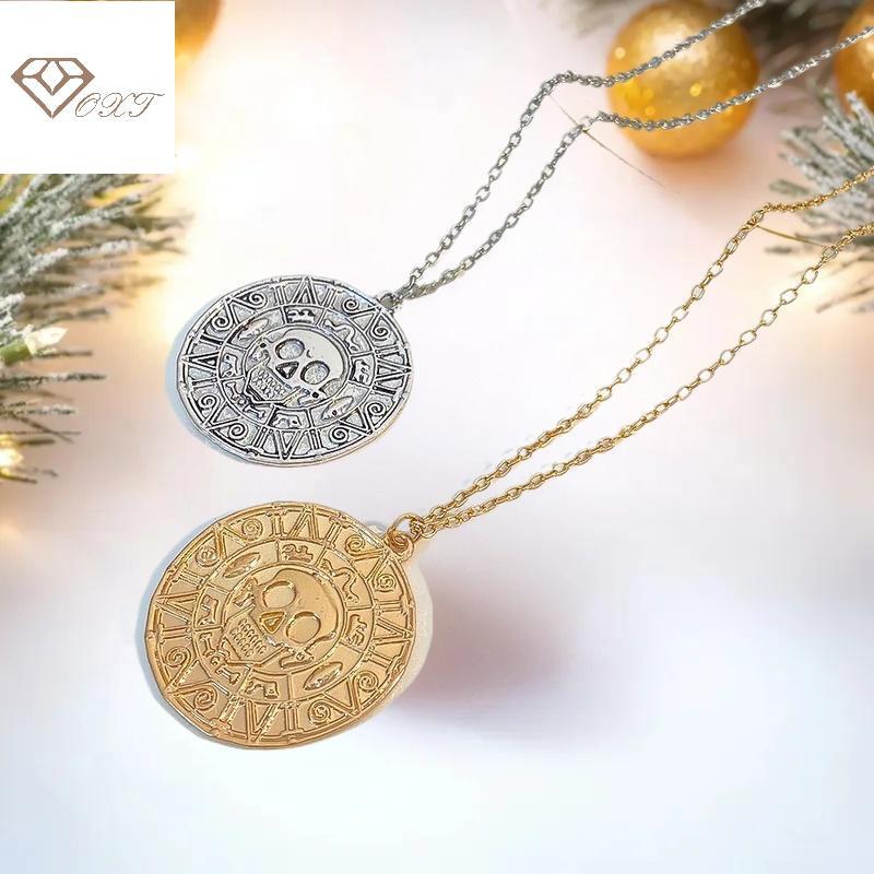 Ine Pirates Of The Caribbean Aztec Gold Color สร้อยคอเหรียญ Retro Skull จี้ Punk Hip Hop สร้อยคอ n