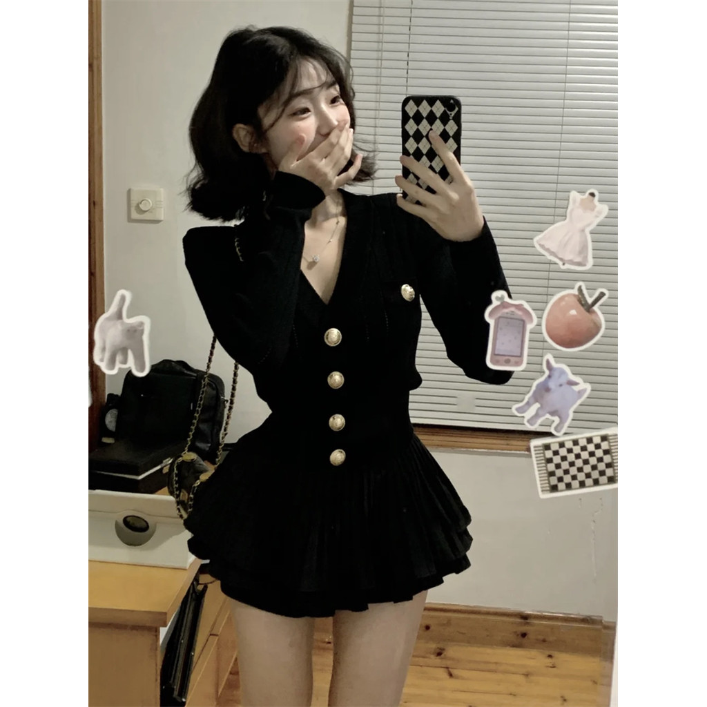 X-ORANGE เกาหลีคอวีสีดําถักแจ็คเก็ตสลิมฟิตแขนยาวสั้นฤดูใบไม้ผลิฤดูใบไม้ร่วงสไตล์ใหม่เสื้อผ้าผู้หญิงล