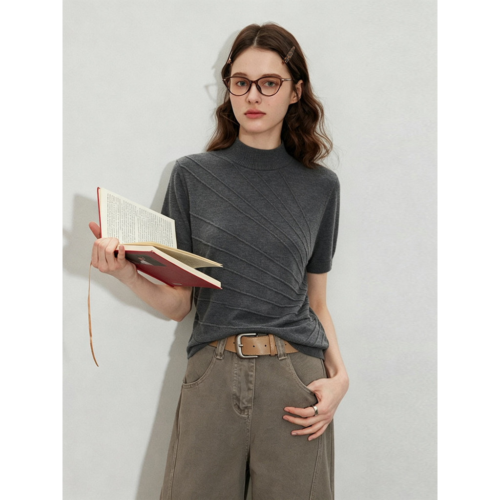 American Retro Loose-Line Sculpture Jacquard คอสั้นแขนเสื้อผู้ชายผู้หญิงฤดูร้อน Breathable All-Match
