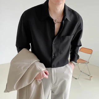 Silky Pocket Collar Shirt เสื้อเชิ้ตผู้ชายผ้าซาตินลื่น แขนยาวทรงโอเวอร์ มีกระเป๋าหน้าอก 4 สี ขาว/เบจ/ฟ้าเทา/ดำ ไซซ์ M-2XL