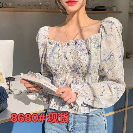 สไตล์เวสเทิร์เล็กๆน้อยๆเซ็กซี่หวานแบนคอจีบการออกแบบเสื้อดอกไม้รู้สึกซอกดอกไม้แขนยาวตรวจสอบ สวัสดี ภา