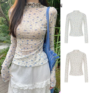 MOSESQUEEN มอสส์ ราชินี ครึ่งแขนเสื้อยืดแขนยาวลายดอกไม้กึ่งโปร่งใสแบบบางเหมาะกับฤดูร้อนเป็นชั้นในหรือเป็นชั้นฐานสําหรับกระชับสัดส่วน #63624