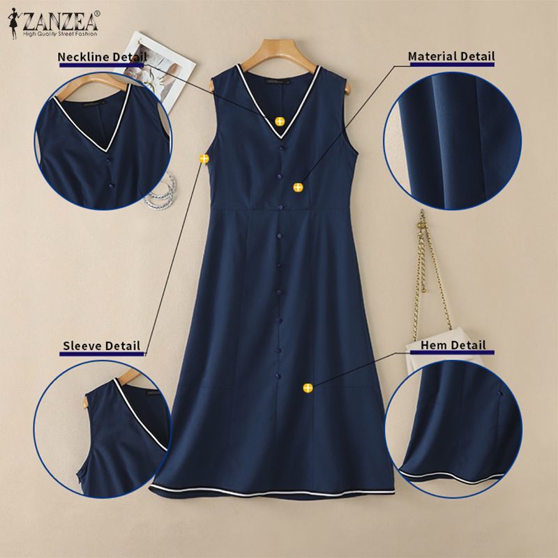 ZANZEA ผู้หญิงเกาหลี Elegant Lady V คอ Single-Breasted Contrast Edge Midi A-Line เดรสสายเดี่ยว — صورة 7