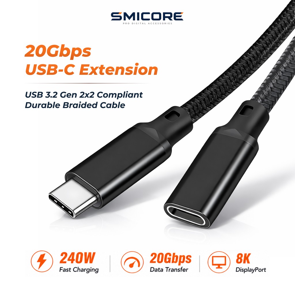สายต่อ Type-C 20Gbps PD240W USB3.2 สายถัก เพิ่มความยาว รองรับ 8K สำหรับ มือถือ/แล็ปท็อป/โปรเจคเตอร์ ราคา ถูกที่สุด ดีลบีเคเค