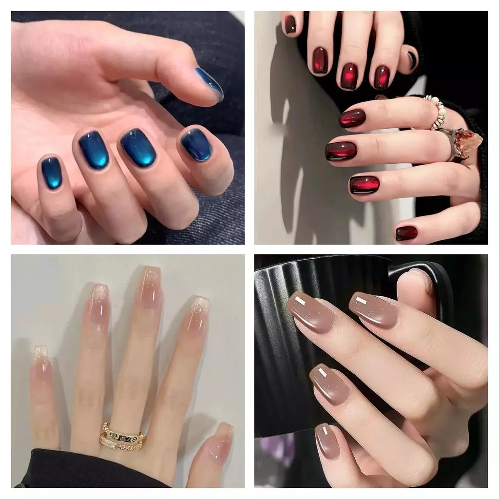 เล็บปลอมลายตาแมว, 30 ชิ้นต่อแถบ, มาพร้อมกาวเจลลี่, สีพื้น, เล็บกดติด, เล็บปลอม, แผ่นแปะเล็บ, เล็บเทียม, ใช้ซ้ำได้
