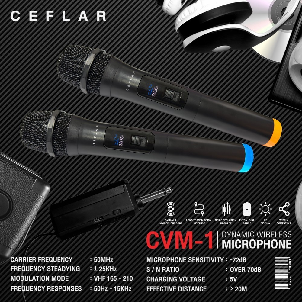 Ceflar CVM-1 ไมค์ลอยคู่ 2.4G ตัวรับเล็ก ด้ามไมค์พลาสติก CVM 1 ความถี่ใหม่ กสทช เคฟล่า ใช้ถ่าน AA CEFLAR CVM1
