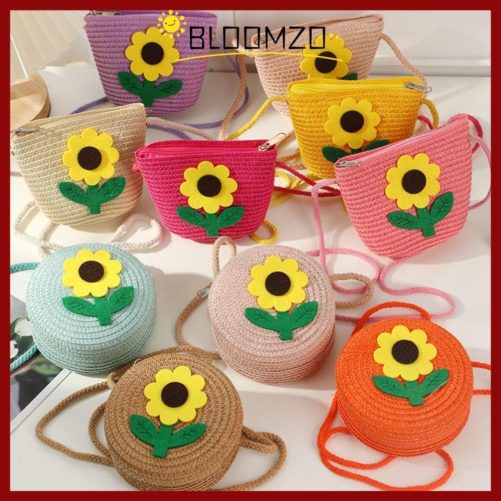 in stockBLOOMZO กระเป๋าสะพาย, กระเป๋าสะพายข้างฟางขนาดเล็ก, กระเป๋าถือดอกไม้ทนทานเด็กผู้หญิง