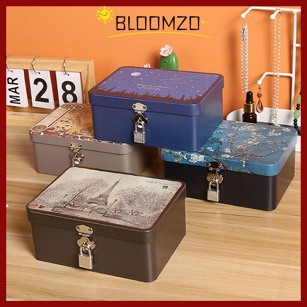 จัดส่งจากประเทศไทย กล่องดีบุกBLOOMZO, ที่เก็บของตั้งโต๊ะวินเทจความจุขนาดใหญ่, เครื่องประดับพร้อมกุญแจล็อคกล่องโลหะในครัวเรือน