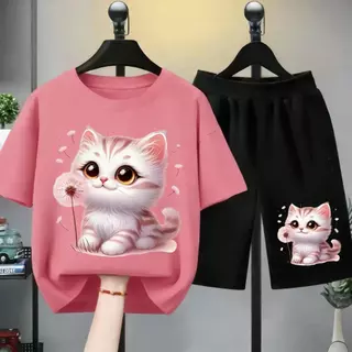 [COD]New!!!*2026-ชุดเสื้อยืดเด็กหญิง เสื้อยืดเด็กหญิง ชุดเสื้อเด็กหญิง เสื้อยืดเด็กหญิงชุดสั้น ลาย แมว ดอกหญ+（ชุดเสื้อยื