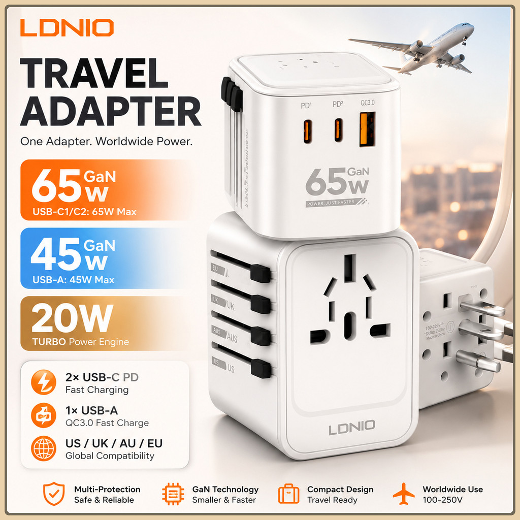 LDNIO Z6 65W / Z8 45W / Z9 20W / Z4 Gan Universal Travel Adapter PD QC3.0 Super Fast Charger (65W)