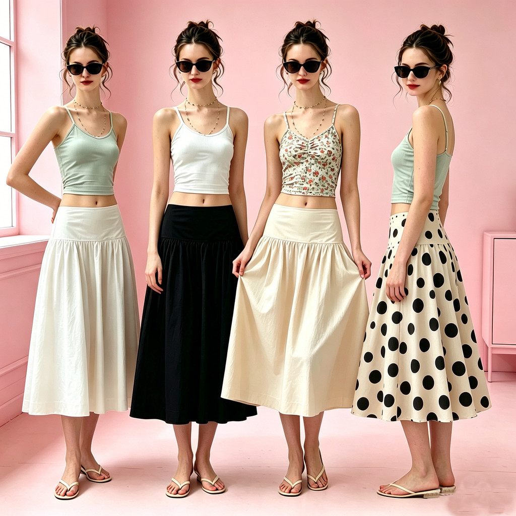 YODO  กระโปรงฟูครึ่งตัว สีพื้นลายจุด ตัดทรงเอ ใส่สวยเรียบง่าย＃2062