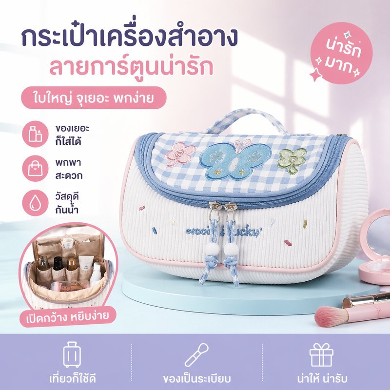 กระเป๋าเครื่องสำอาง กระเป๋าใส่เครื่องสำอาง ผ้าใบ จุเยอะ พกพา เดินทาง กันน้ำ ลายการ์ตูน