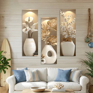 ชุดภาพวาด 3D ติดผนัง 3 ชิ้น ลายดอกไม้และใบไม้ ศิลปะตกแต่งห้องนั่งเล่น สวยงามมีมิติ