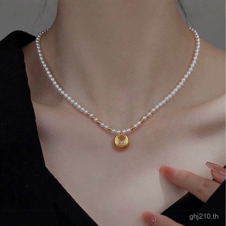 เสื้อกันหนาวผู้หญิง สไตล์จีน พร้อมสร้อยคอมุกและจี้หรูหรา ทรายทอง SQE1