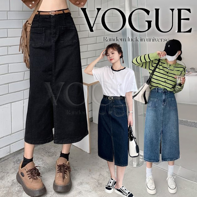 Vogue🌟พร้อมส่ง🌟 กระโปรงยีนส์ ยาวเอวสูง ผ่ากลาง (แถมเข็มขัด) ทรงเท่กระเป๋าหน้าเก๋ๆ (008) -NZ -N