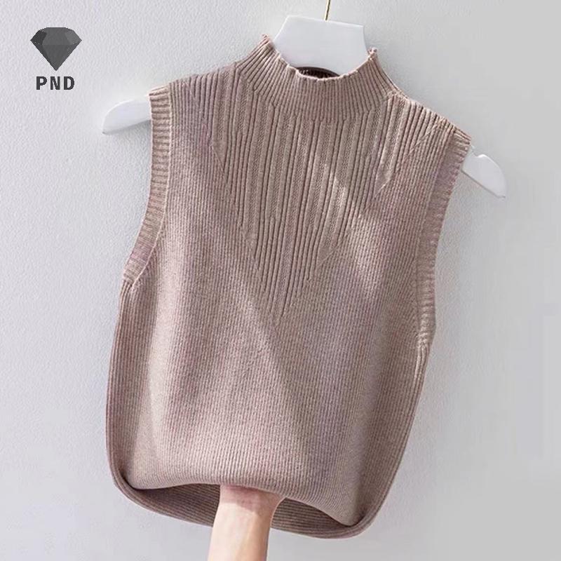 PND ฤดูร้อนเกาหลีสีทึบครึ่งคอเต่าแขนกุดลําลองถักเสื้อกั๊กสําหรับผู้หญิง raoog