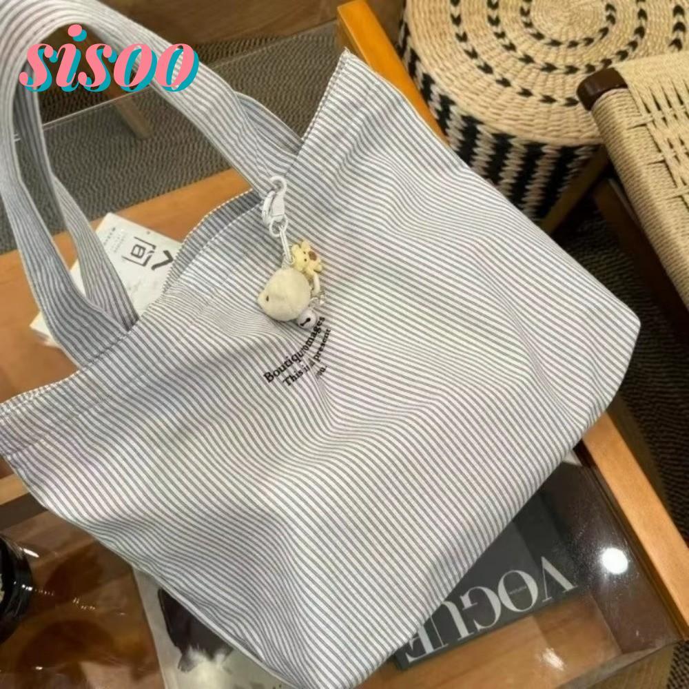 SISOO Tote Bag กระเป๋าสะพายความจุขนาดใหญ่สไตล์เกาหลีกระเป๋าถือลายทางผ้าแคนวาสเรียบง่ายสําหรับผู้หญิงเด็กผู้หญิง