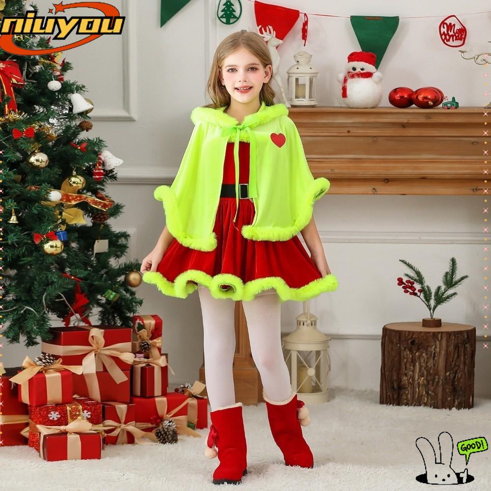 NIUYOU Grinch Cloak Tank Dress, Grinch Xmas Suit Christmas Elf Costume, Dress Up Girls Fancy Dress G