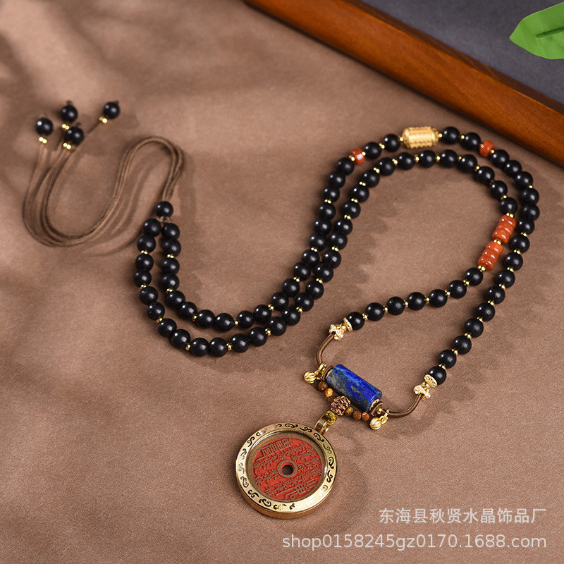 สร้อยคอลูกปัดแบบจีนชนเผ่า Retro Ebony และ Cinnabar สำหรับผู้ชายและผู้หญิง