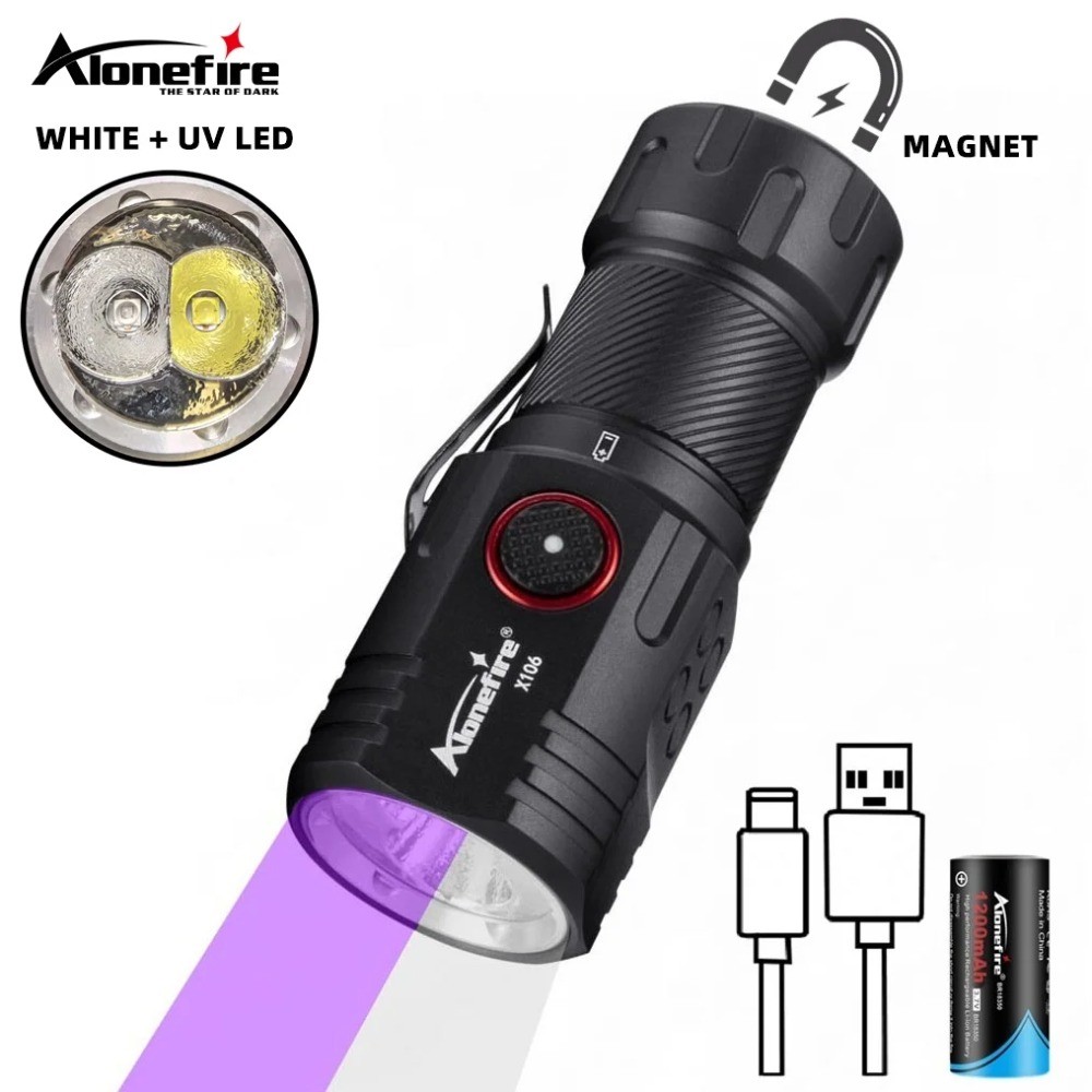 Alonefire X106 2-in-1 UV 365nm + แสงสีขาว ไฟฉายชาร์จด้วยUSB สำหรับตรวจเช็คหมึกที่มองไม่เห็น มาร์กเกอร์ หรือแก้ไขปัญหาการปัสสาวะของสัตว์เลี้ยง