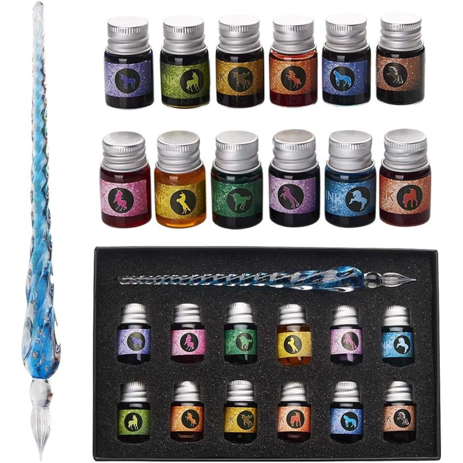 Mancola Glass Dipped Pen Ink Set Handmade คริสตัลปากกาประดิษฐ์ตัวอักษร 12 สีหมึก india สําหรับ Art, 