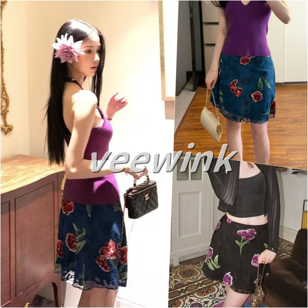 Veewink กระโปรงสั้น ผ้าโปร่ง ลายพิมพ์ เนื้อผ้าหลุยส์ ทรงเข้ารูป บั้นท้ายเด่น สไตล์จีนวินเทจ
