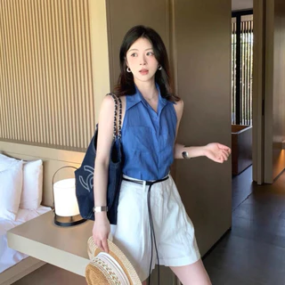 MKL เสื้อกั๊กแขนกุด คอปกทรงหลวม สีฟ้าเข้ม ผ้าใส่สบาย สไตล์สาวออฟฟิต พร้อมส่งในไทย#CS5202