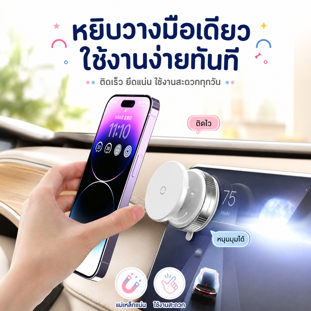 ใหม่ล่าสุด!!ที่วางโทรศัพท์ในรถแบบดูดสูญญากาศ | แม่เหล็กสองชั้น หมุนได้ 360° พกพาสะดวกและทนทาน