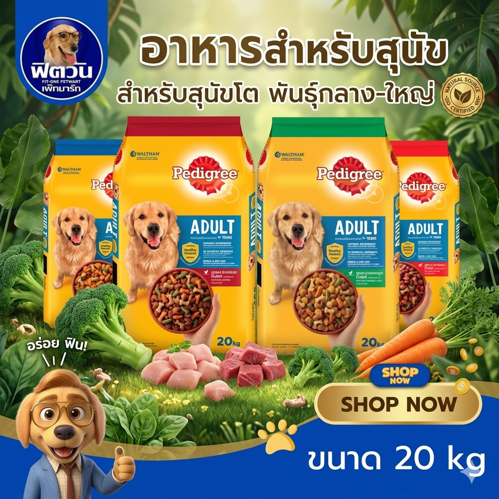 Pedigree ADULT อาหารสุนัขโต ขนาด 20 กิโลกรัม{อาหารสุนัขเม็ด}