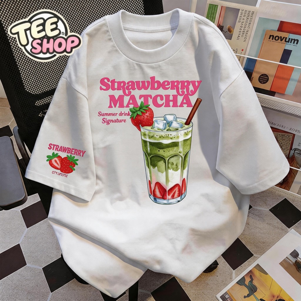 TEE·SHOP🍀เสื้อยืด oversize เสื้อเท่ๆ เกาหลี " Fruity Matcha Tee " ไม่หดตัว  เกาหลีสไตล์ พิมพ์ลาย ผ้านิ่มใส่สบาย  COD 📦