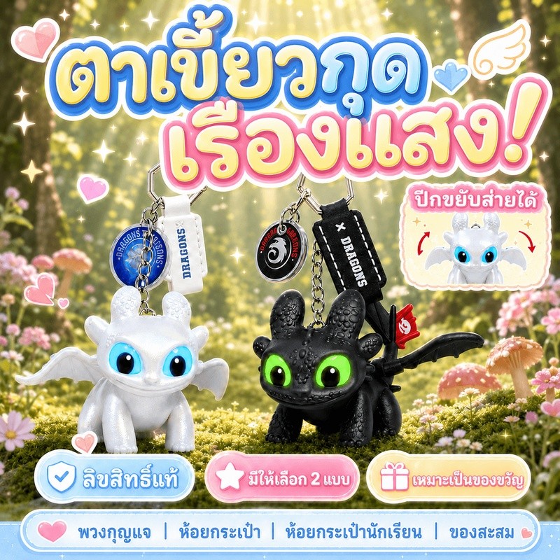 【PPXD】 ลิขสิทธิ์แท้ Universal Studios วิชาฝึกมังกร Toothless จี้ห้อยกระเป๋า พวงกุญแจ ไนท์ฟิวรี่ ตาเรืองแสง LED ขยับปีกได้ จัดส่งวันเดียวกัน