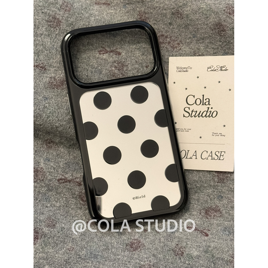 เคสโทรศัพท์สีดํา Polka Dot Mirror สไตล์เกาหลีกันกระแทกสําหรับ iPhone 17 Pro Max 16 Pro Max 15 Pro Max 14 Pro Max