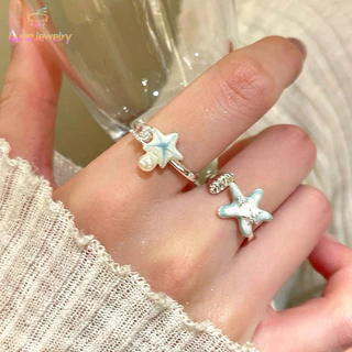 COD💖1 ชิ้น แหวน ปลาดาว รูปเปลือกหอย สีน้ำเงิน ประดับไข่มุก หรูหราแสง แฟชั่น สวมซ้อน สำหรับผู้หญิง เครื่องประดับ-Lune