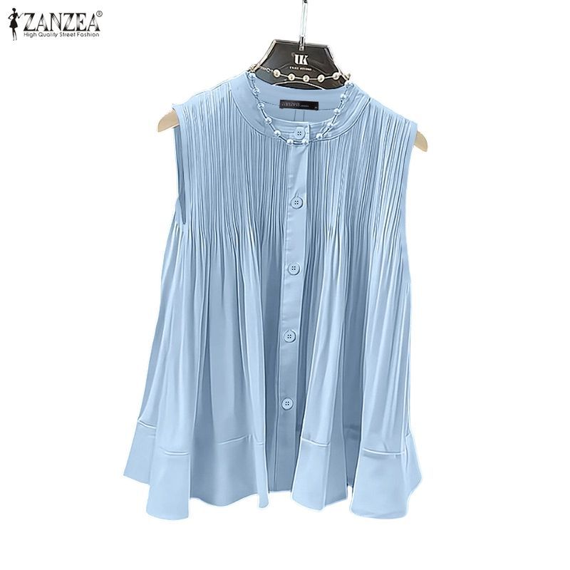 ZANZEA ซานเซีย ผู้หญิงแฟชั่นเกาหลีสีทึบสบายๆรอบคอแขนกุดจีบเปิดถัง