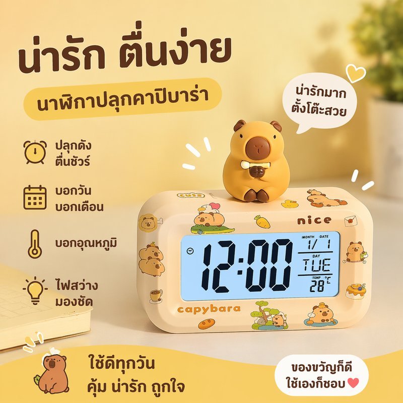 นาฬิกาปลุกดิจิตอล ตั้งโต๊ะ จอ LCD ไฟกลางคืน วัดอุณหภูมิ ปฏิทิน ลายน่ารัก ห้องนอน เด็ก