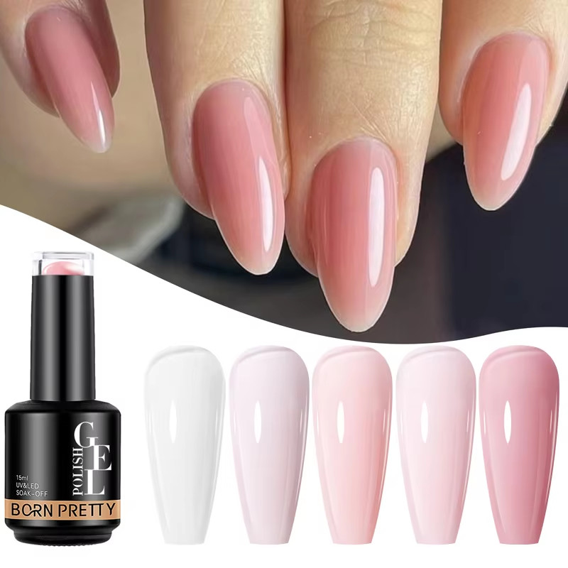 BORN PRETTY Pink Jelly Gel Polish 2 In 1 Rubber Base Gel 15ml สีนู้ด Soak Off กึ่งถาวร