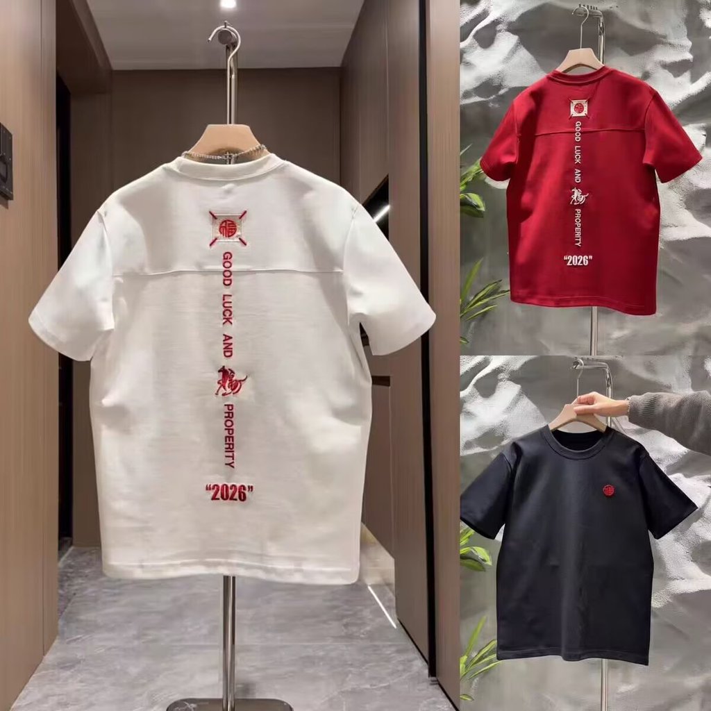 ผู้ชายเสื้อยืดแขนสั้นด้านบนปักม้า GOODLUCK Street Casual Breathable Cotton Bottoming เสื้ออินเทรนด์ T