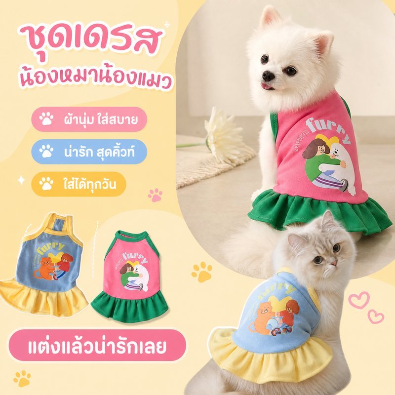 ชุดสัตว์เลี้ยง  เดรสสัตว์เลี้ยง  เสื้อผ้าแมว  ผ้านุ่ม  ใส่สบาย  น่ารัก  สไตล์หวาน  ระบายอากาศ