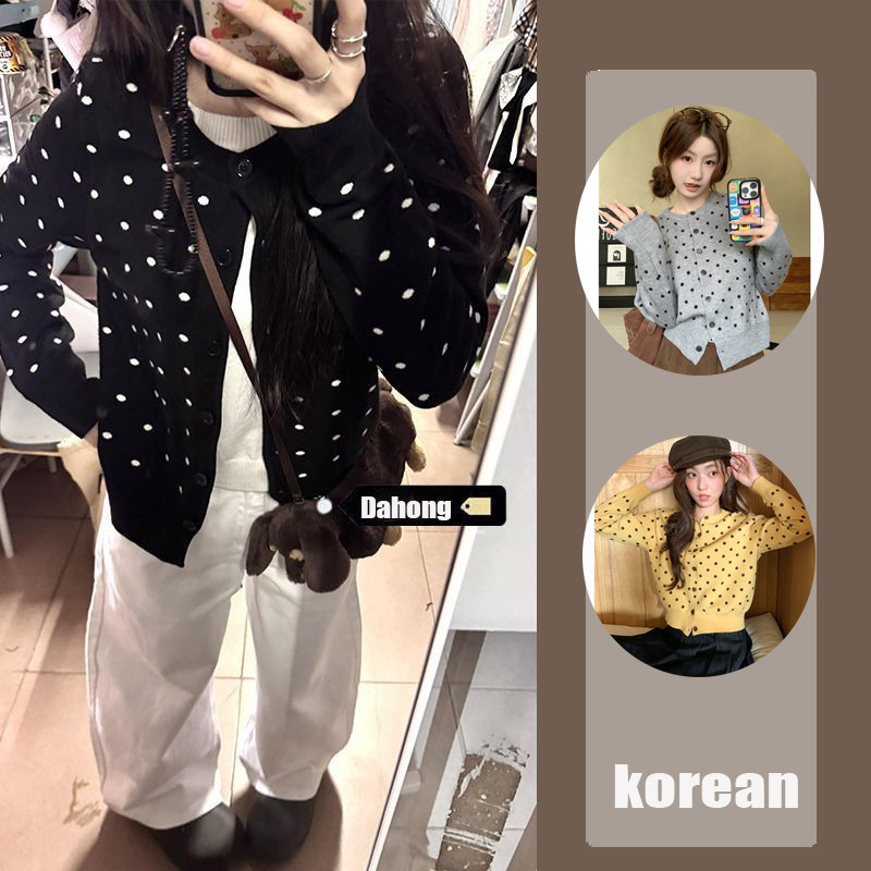 Cuties💖 88040 คาร์ดิแกน เสื้อไหมพรม แขนยาว คอกลม กระดุมหน้า ลายจุด dot cardigan คาดิแกนไหมพรมลายจุด