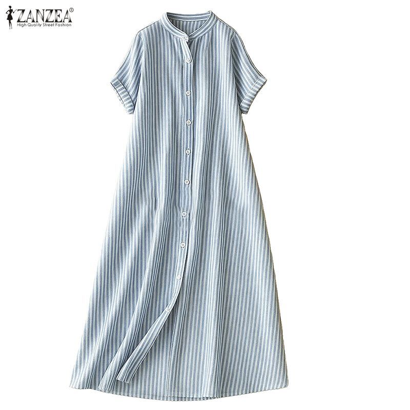 ZANZEA ชุดเสื้อเชิ๊ตกระโปรงสไตล์เกาหลี สำหรับเดินทางและแต่งแบบลำลอง ดีไซน์ Raglan ลายขวาง
