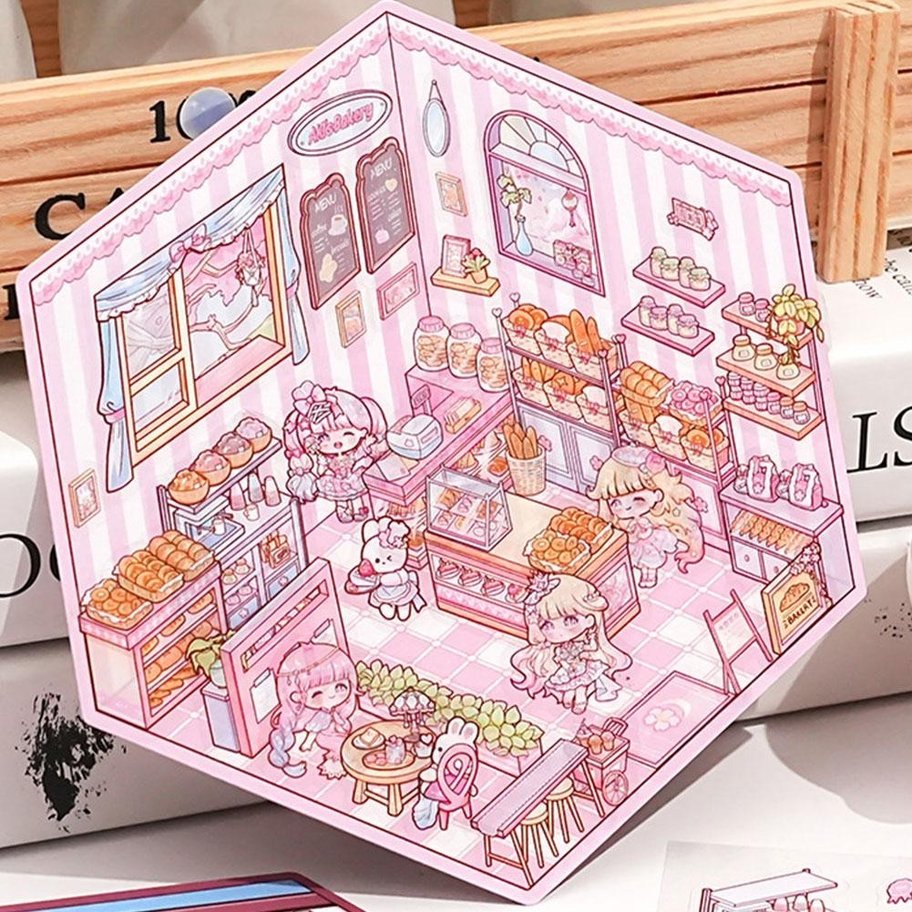 Creative Diy 3d House สติกเกอร์การ์ตูนฉากสติกเกอร์ขนาดเล็กตลก K8q9