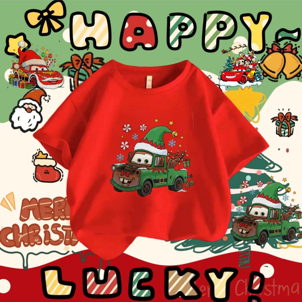 เสื้อยืดรถคริสต์มาส ชุดคู่ Lightning McQueen และ Mater ธีมคริสต์มาส McQueen 100-5XL 13