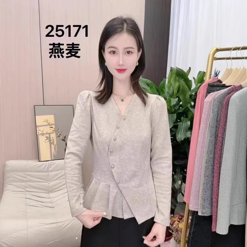 ฤดูใบไม้ร่วง v คอสไตล์ตะวันตกหรูหรา High-End กระโปรงจีบเสื้อ Original ถักเสื้อเสื้อแขนยาว Slimmer ดู