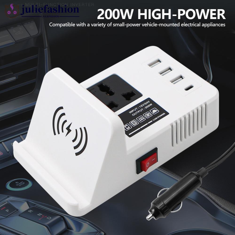 JULIEFASHION 12V/24V ถึง 220V รถอินเวอร์เตอร์เอาต์พุต USB หลาย + พอร์ต Type-c และไร้สายชาร์จสําหรับร