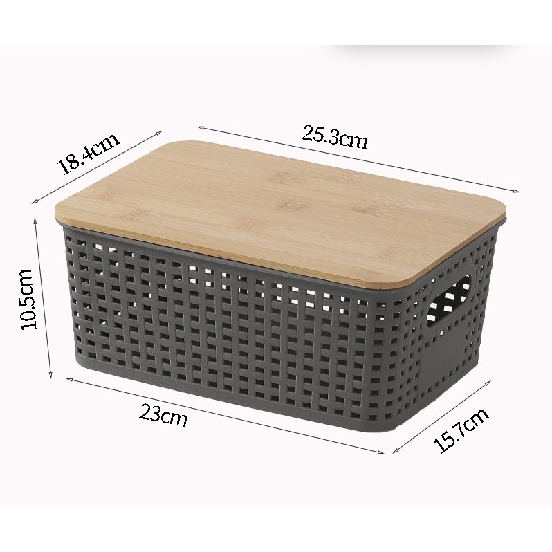 ตะกร้าพลาสติกมีรู+ฝาไม้ไผ่ กล่องเก็บของฝาไม้ มินิมอล ซ้อนเก็บได้ จัดบ้านให้เป็นระเบียบ กล่องเก็บของพลาสติกสาน - รูปที่ 6
