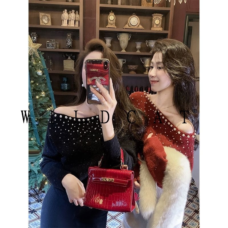 เสื้อสเวตเตอร์คอกลมคนดังผู้หญิงสไตล์ใหม่ฤดูใบไม้ร่วงสไตล์ฤดูหนาวปิดไหล่ Pearl Lo