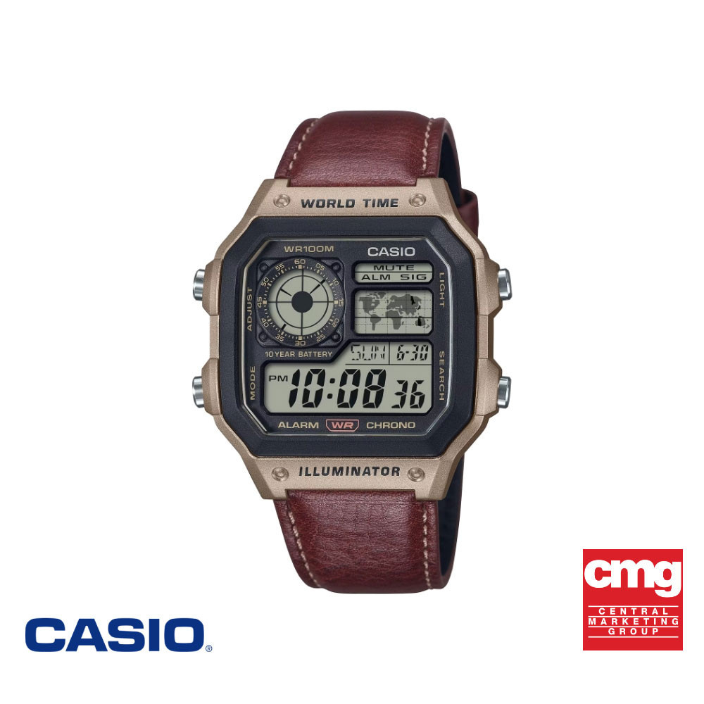 CASIO นาฬิกาข้อมือ CASIO รุ่น AE-1200WHL-5AVDF สายหนังแท้ สีน้ำตาล