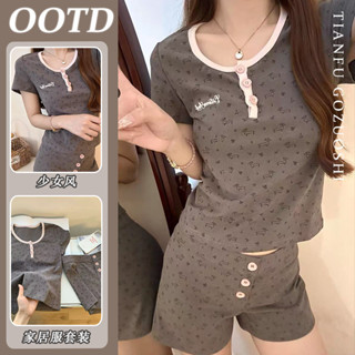ชุดนอนสไตล์เกาหลีสำหรับหญิง กางเกงขาสั้นแขนสั้น ชุดพักผ่อนใน…